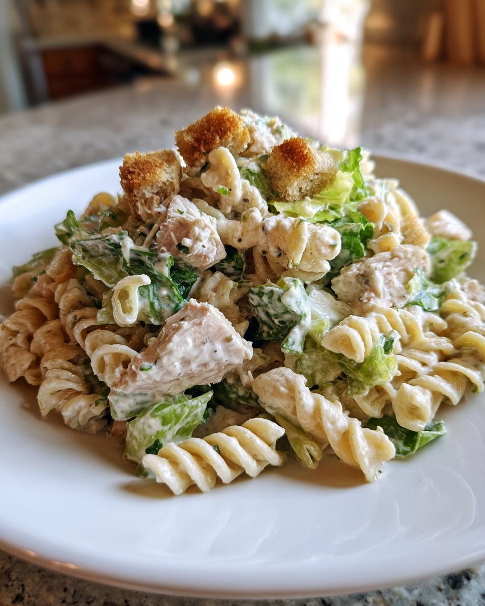 Close-up of a serving of creamy chicken caesar pasta salad featuring rotini pasta, chopped chicken, romaine lettuce, and croutons.