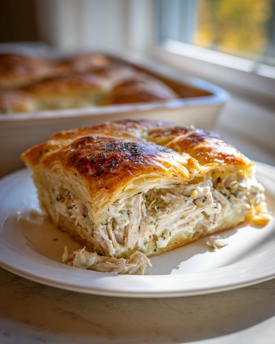 A close-up of a serving of chicken crescent roll casserole showing flaky pastry and creamy shredded chicken filling.