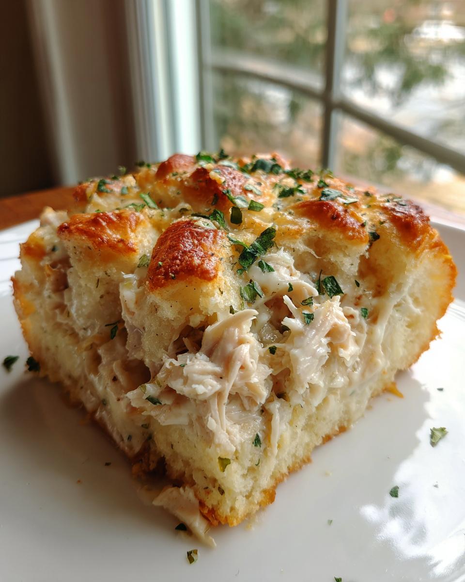 A close-up of a square slice of chicken crescent roll casserole showing shredded chicken filling and golden baked dough, topped with parsley.