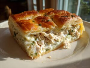 A close-up of a serving of chicken crescent roll casserole showing shredded chicken in a creamy sauce baked inside flaky, golden crescent dough.