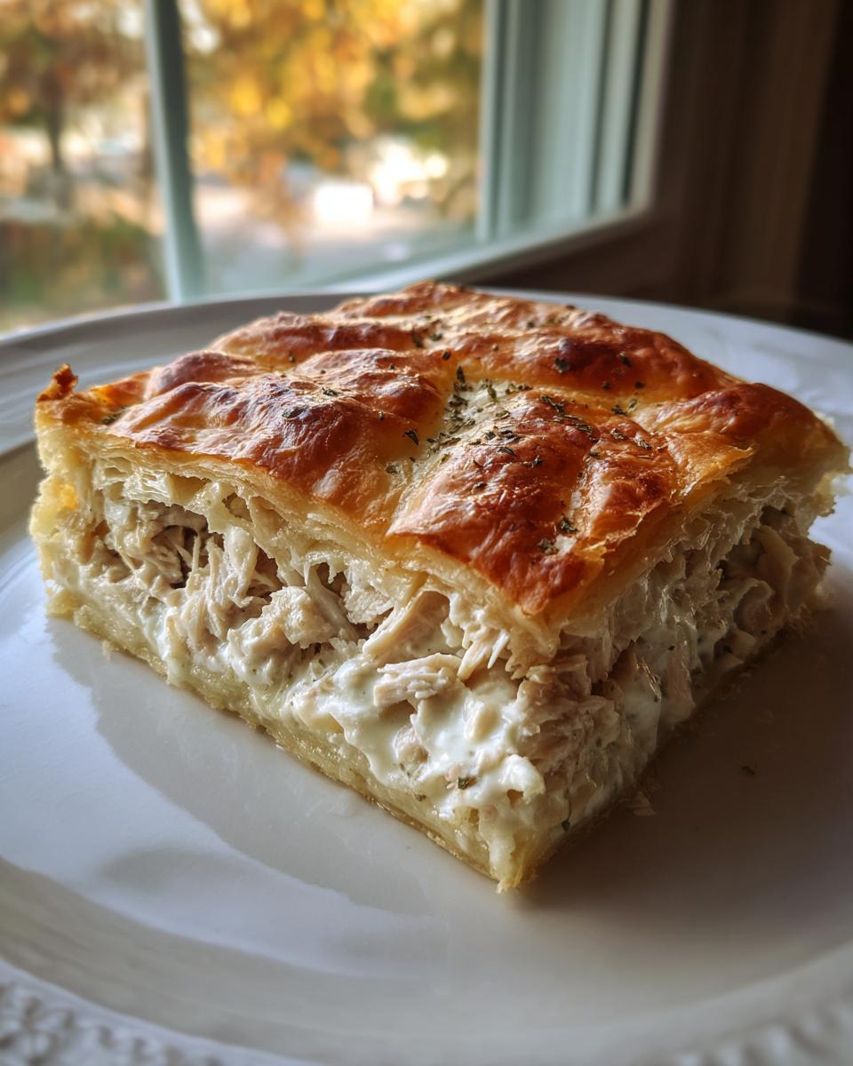 A square slice of chicken crescent roll casserole with flaky golden crust and creamy shredded chicken filling.