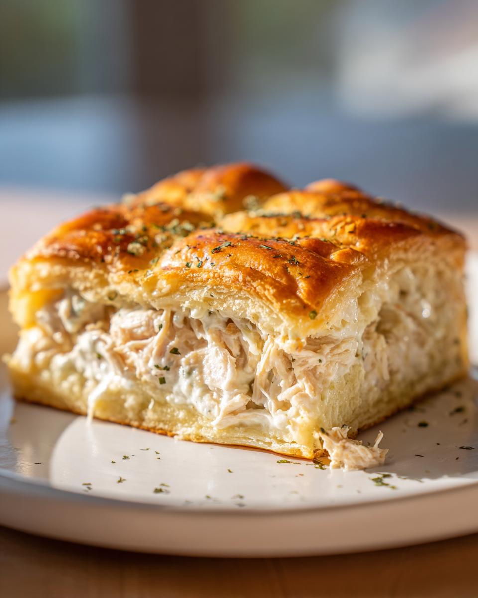 A close-up of a hearty slice of chicken crescent roll casserole with a creamy filling and golden crust.
