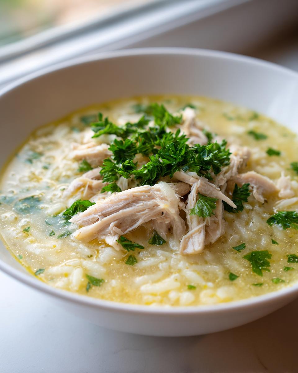 Close-up of a white bowl filled with creamy chicken orzo soup, topped with shredded chicken and fresh parsley.
