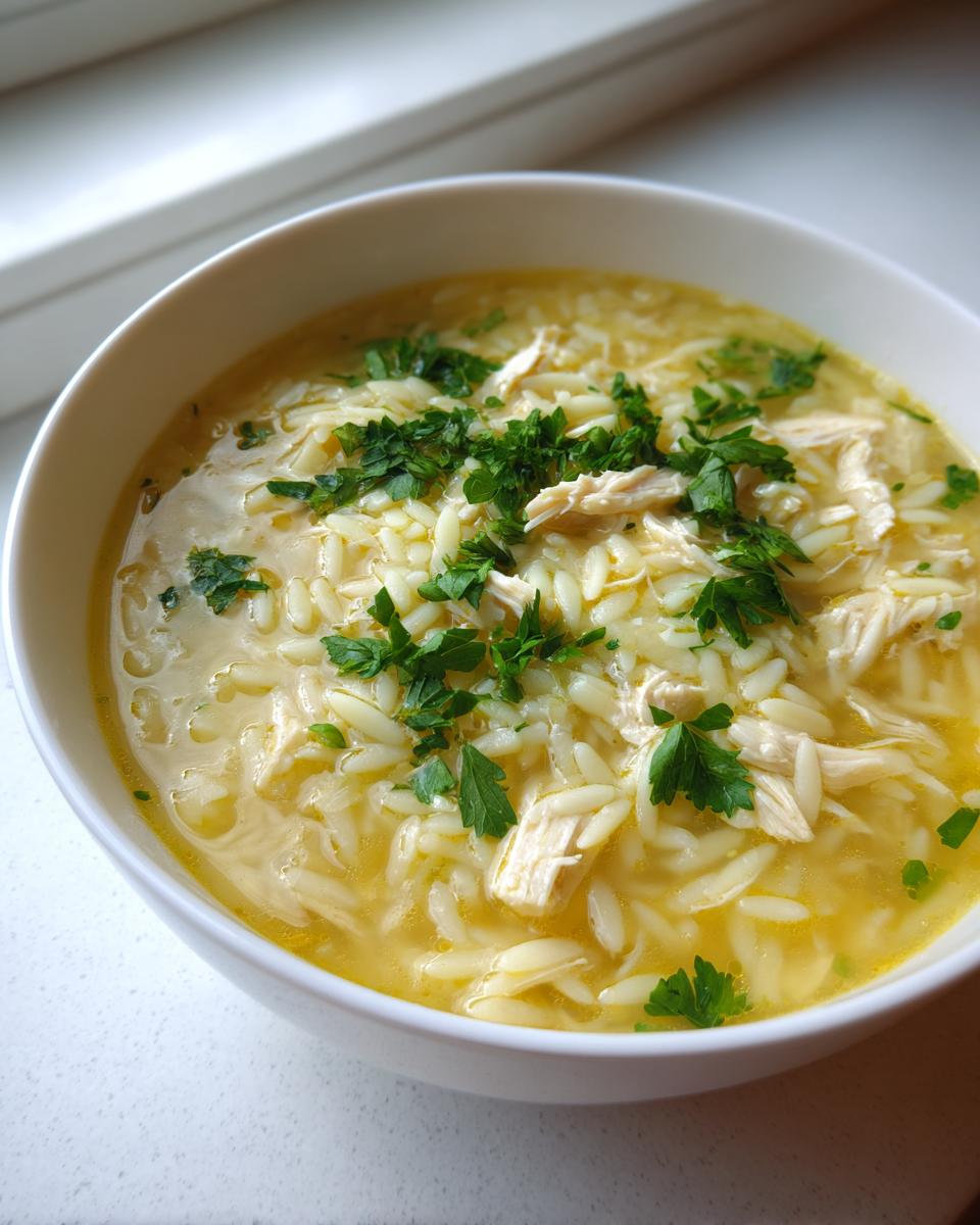 Close-up of a white bowl filled with rich, yellow chicken orzo soup topped with shredded chicken and fresh parsley.