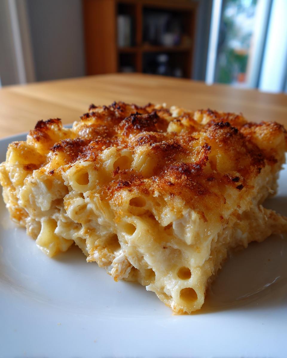 A close-up slice of creamy chicken pasta casserole with a golden, crispy baked topping.