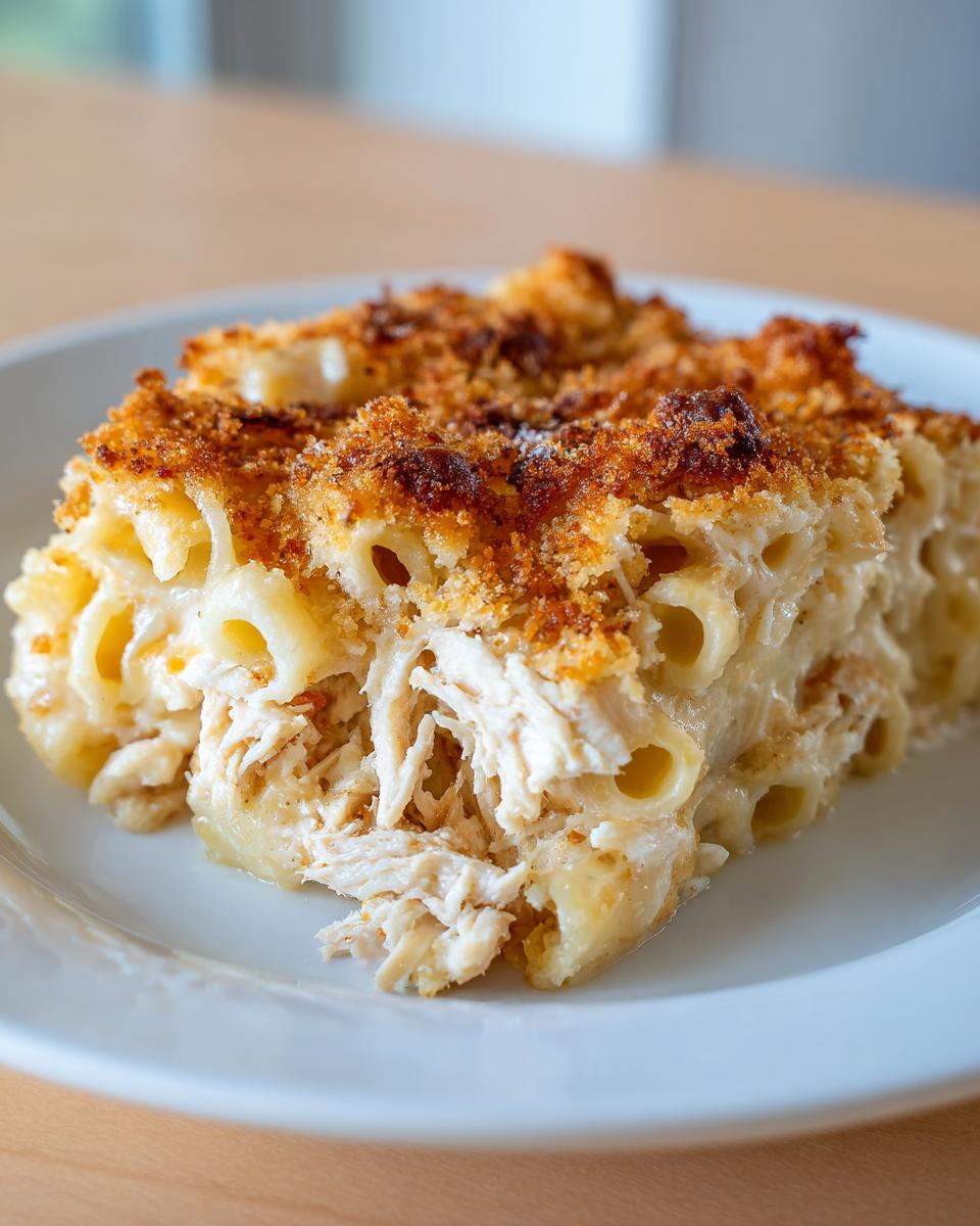 A close-up serving of creamy chicken pasta casserole recipe topped with golden brown breadcrumbs.