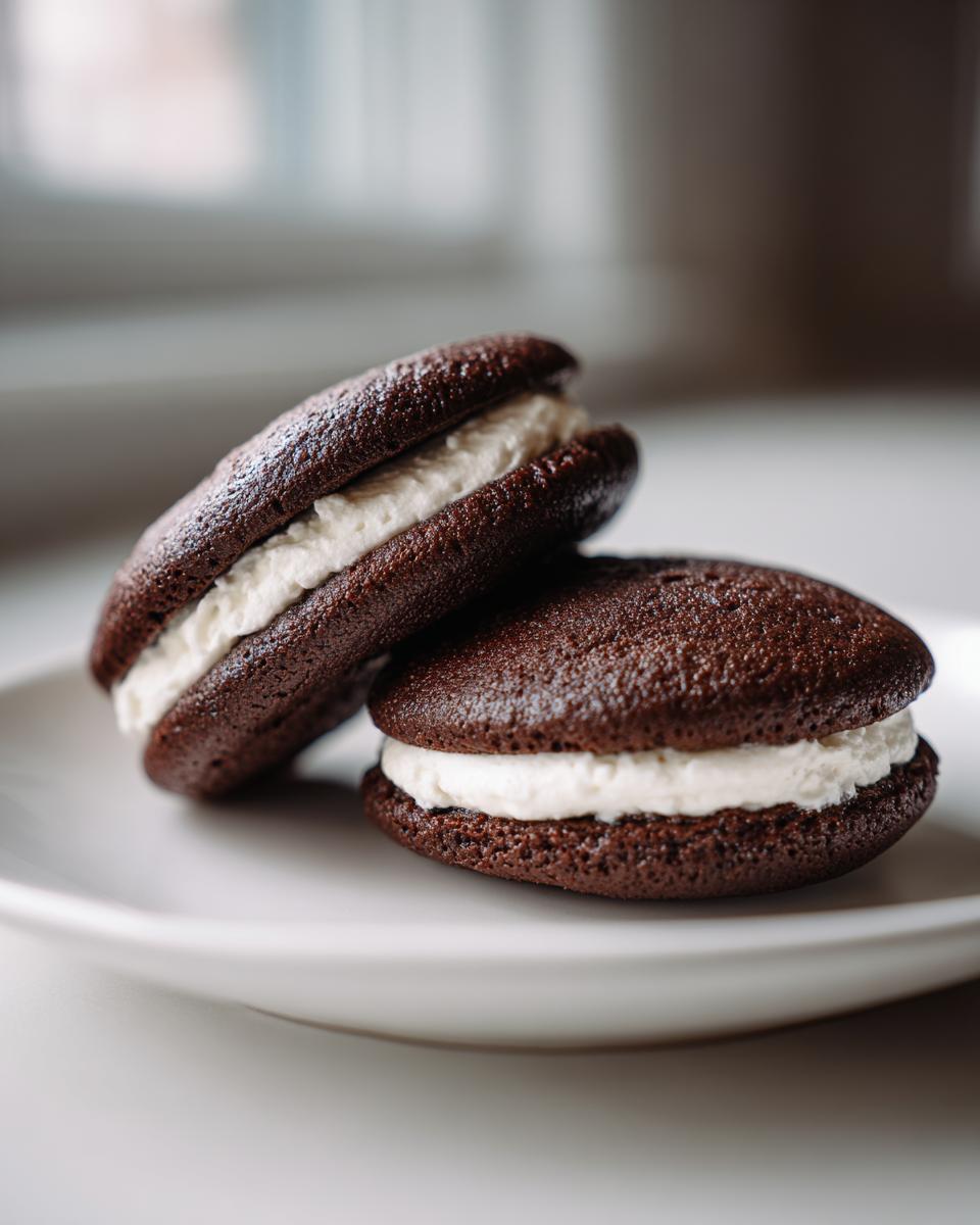 Close-up of two rich chocolate whoopie pies stacked slightly on a white plate, showing the fluffy white cream filling.