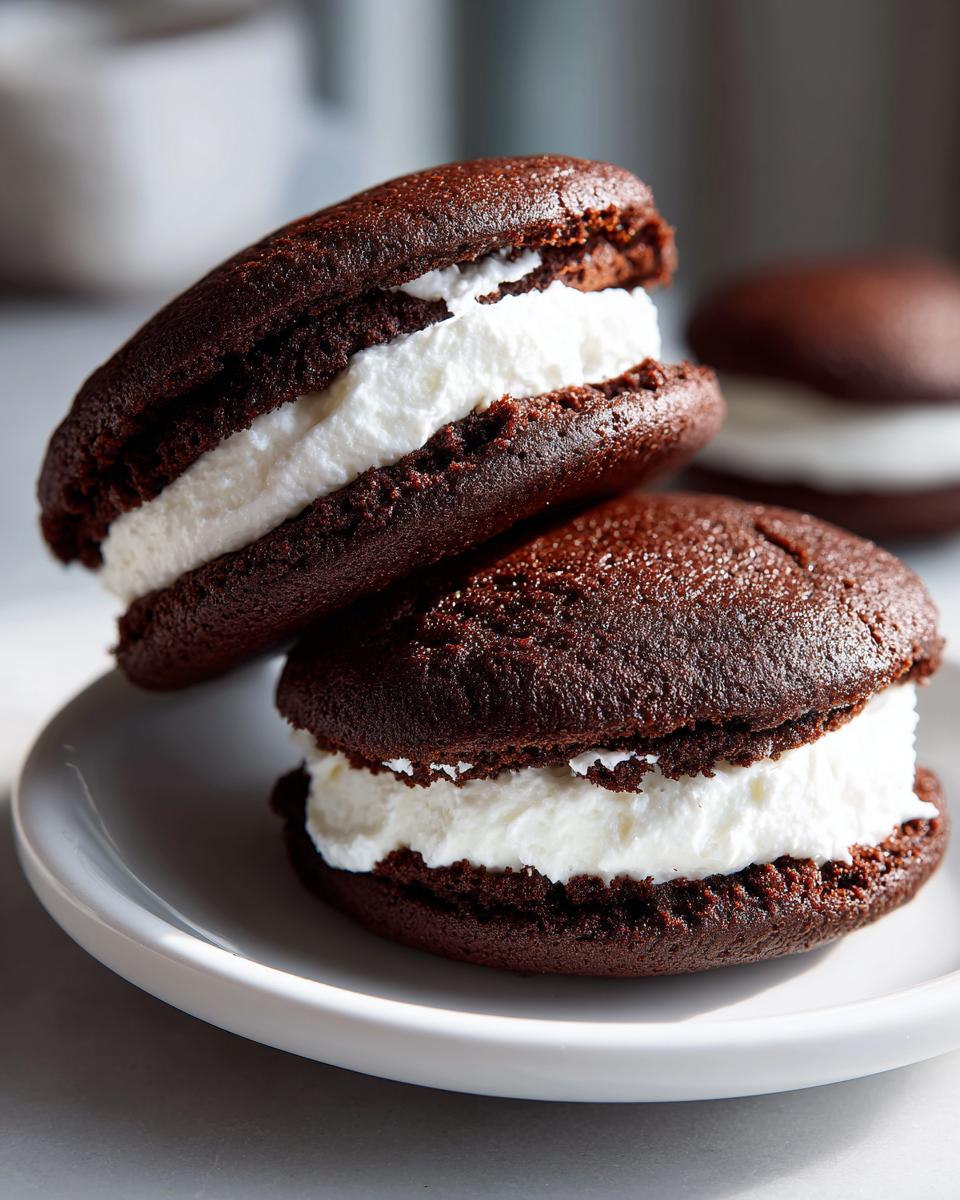 Close-up of two decadent chocolate whoopie pies filled with thick white cream, stacked on a white plate.
