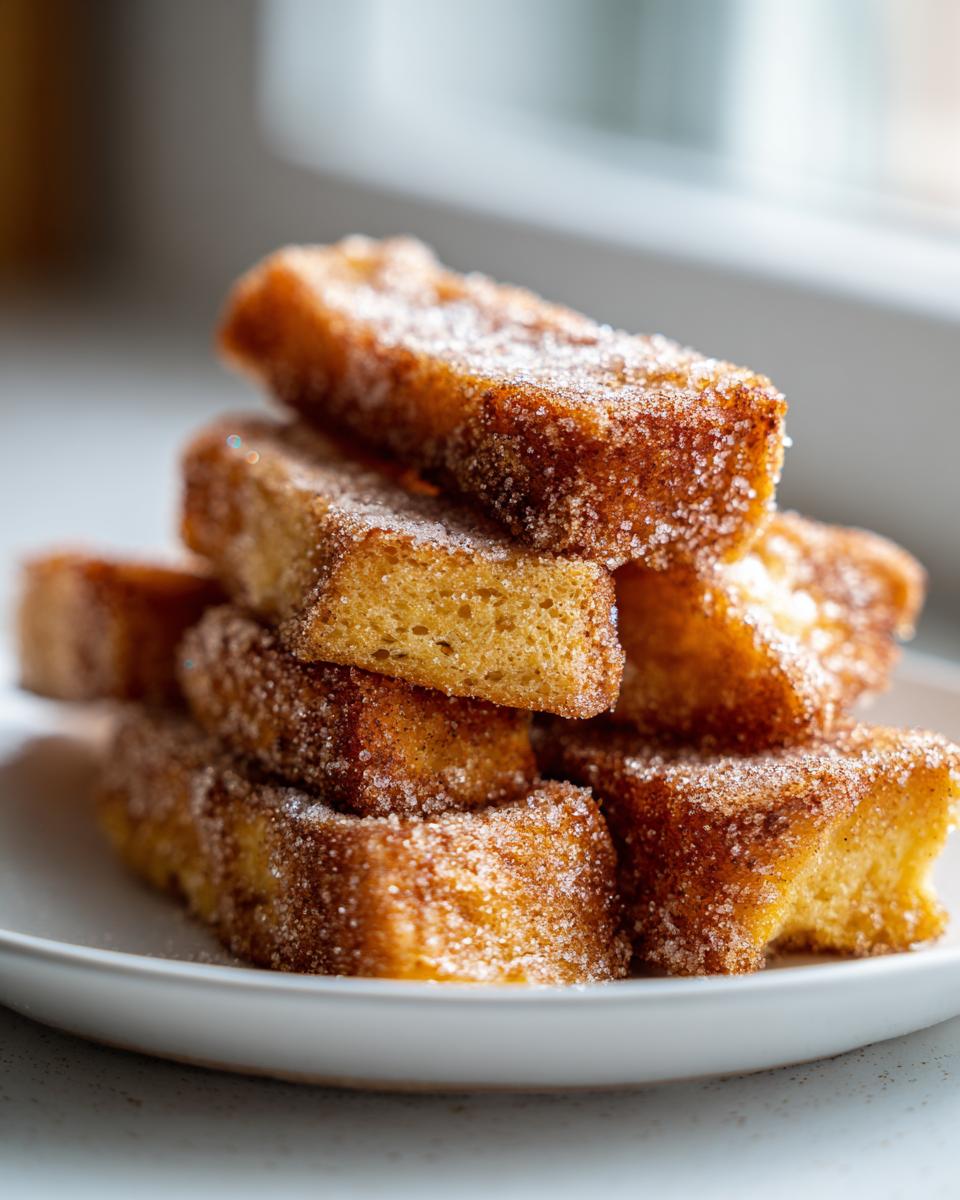 A close-up stack of golden cinnamon french toast sticks heavily coated in sparkling cinnamon sugar.
