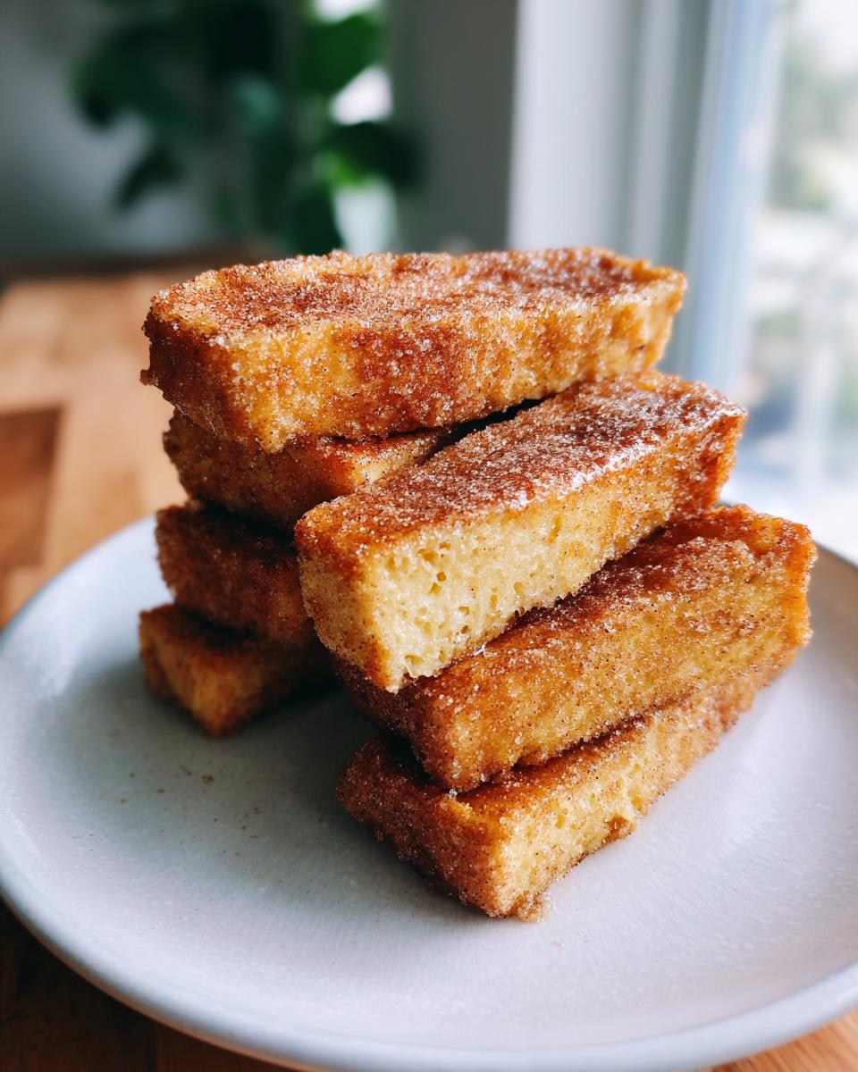 A stack of golden brown cinnamon french toast sticks generously coated in cinnamon sugar, resting on a light plate.