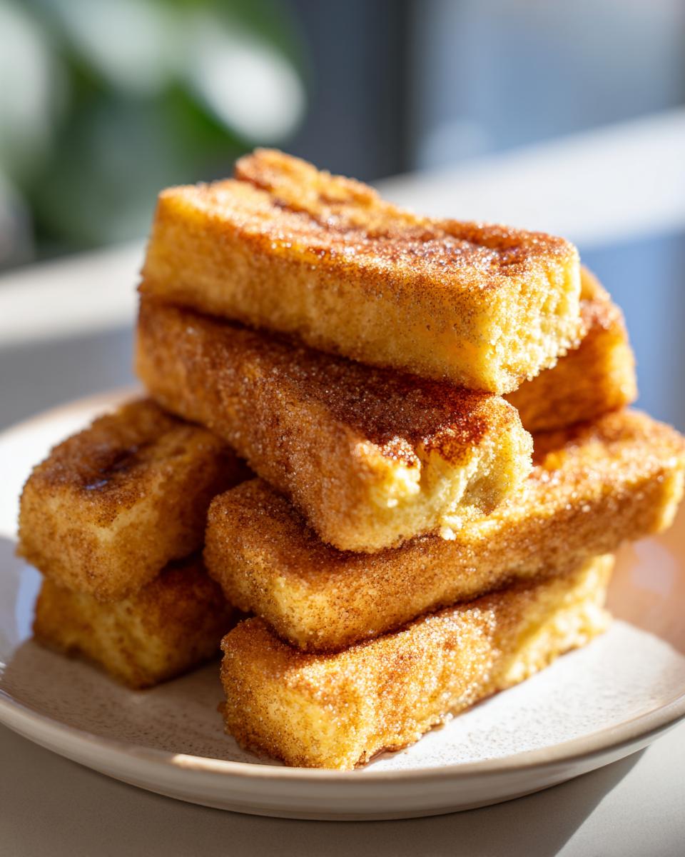 A stack of golden brown cinnamon french toast sticks heavily coated in cinnamon sugar, resting on a light plate.