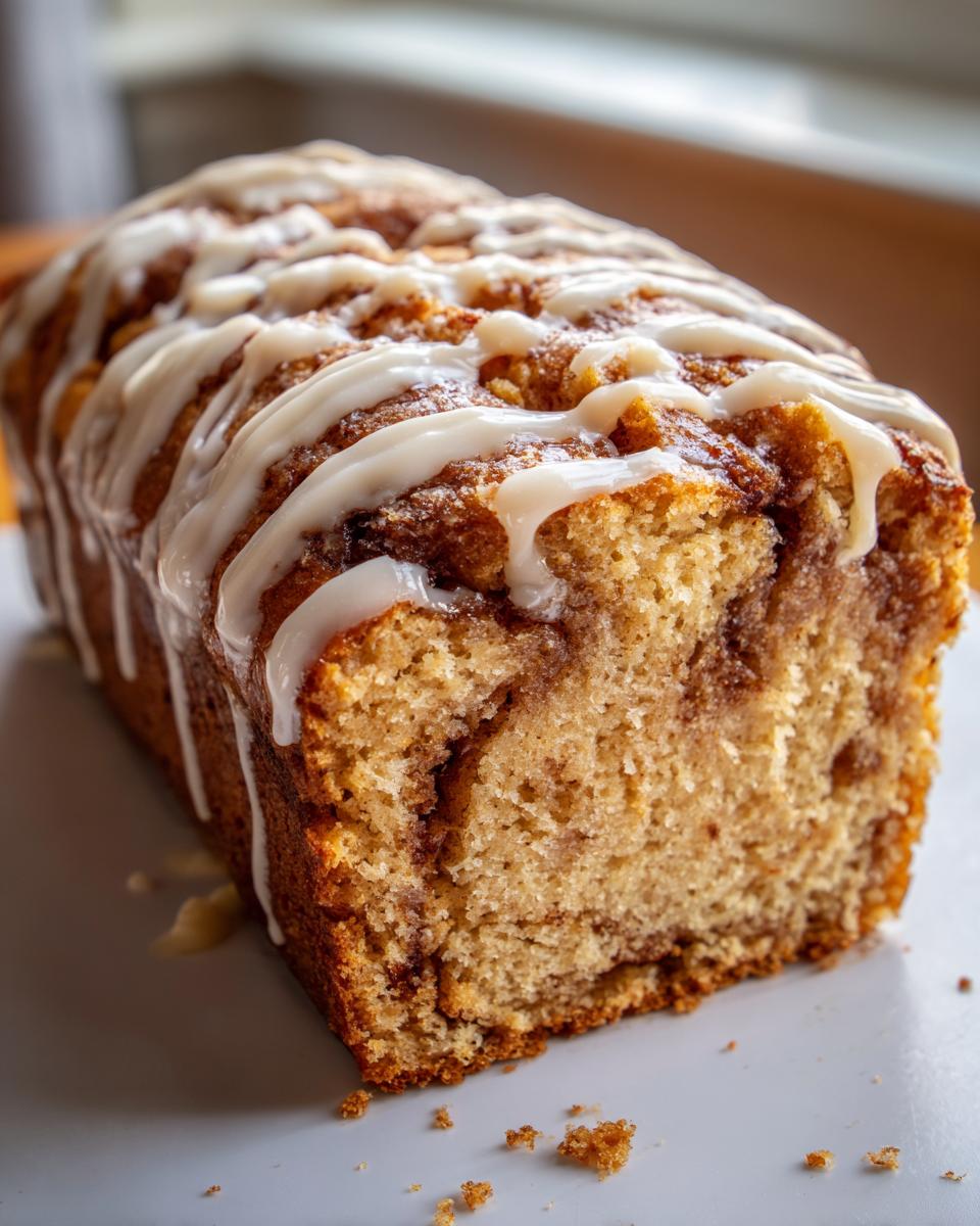A close-up of a freshly baked cinnamon roll banana bread loaf drizzled with white icing.