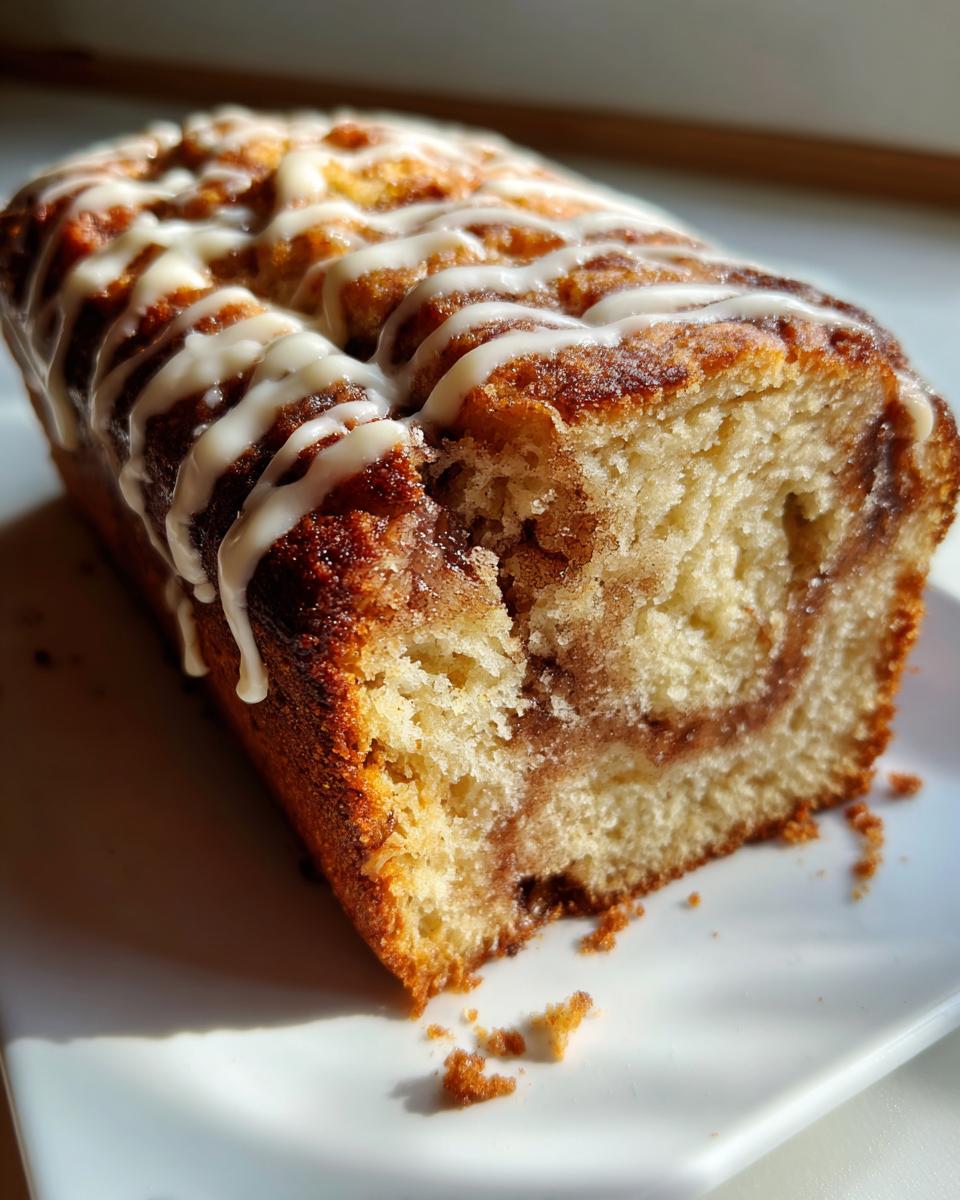 A close-up of a freshly baked cinnamon roll banana bread loaf with a thick cinnamon swirl and white icing drizzle.
