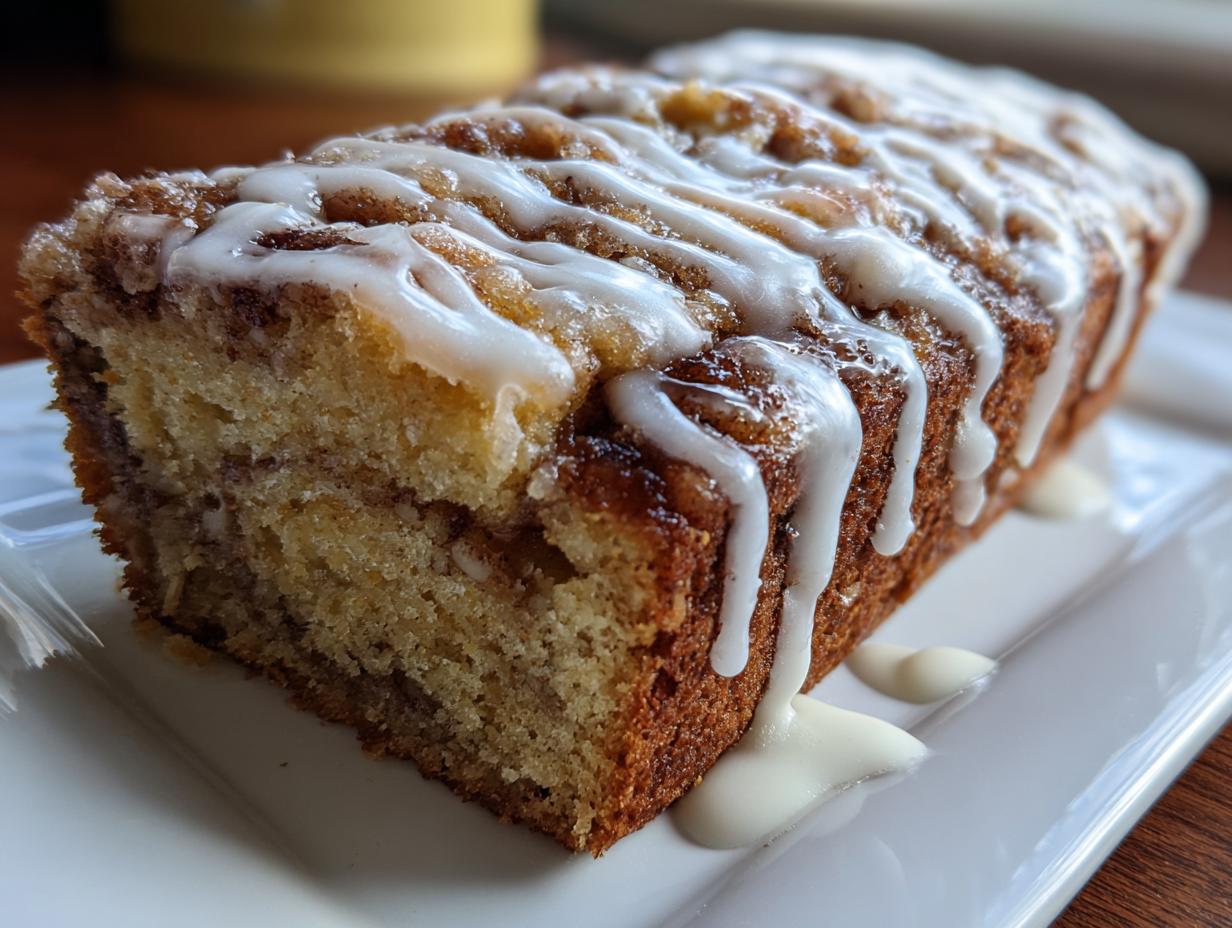 A close-up of a freshly baked cinnamon roll banana bread loaf drizzled generously with white icing.