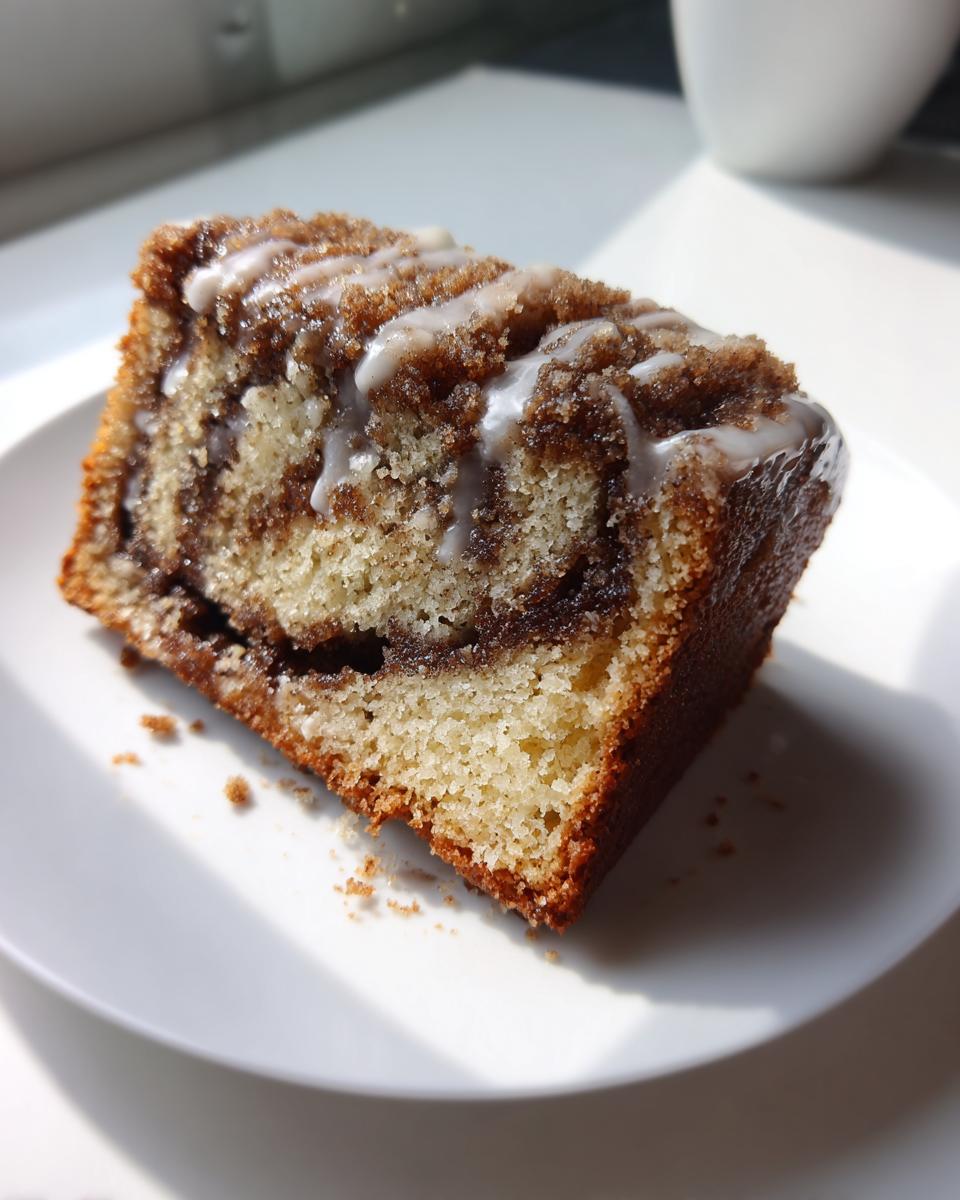 A close-up slice of cinnamon roll coffee cake with a swirl of cinnamon filling and a white vanilla glaze drizzle.