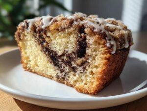 Close-up of a moist slice of cinnamon roll coffee cake featuring a cinnamon swirl, crumb topping, and vanilla glaze.
