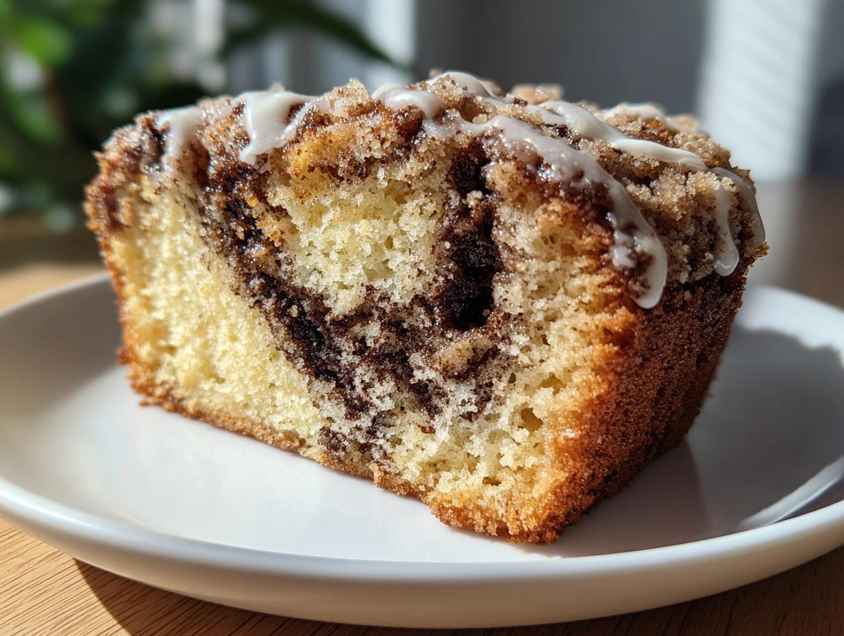 Close-up of a moist slice of cinnamon roll coffee cake featuring a cinnamon swirl, crumb topping, and vanilla glaze.