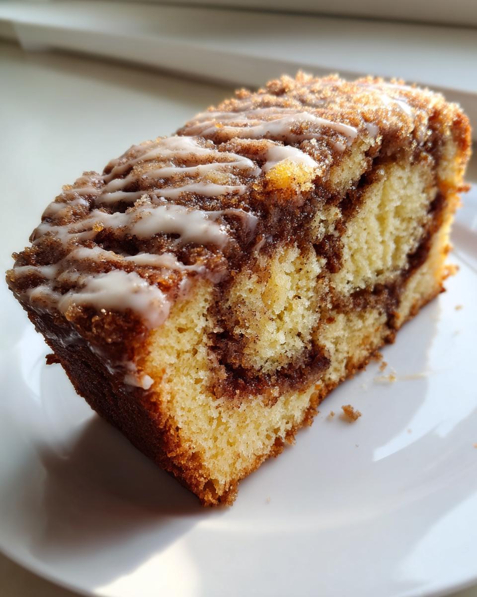 Close-up of a moist slice of cinnamon roll coffee cake featuring a swirl of cinnamon filling and a white vanilla icing drizzle.