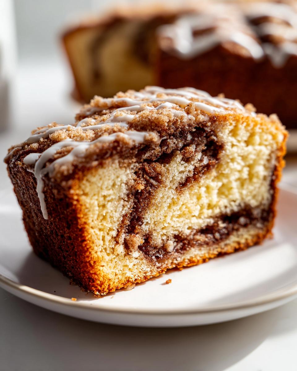 Close-up of a moist slice of cinnamon roll coffee cake showing a swirl of cinnamon filling and a drizzle of white icing.
