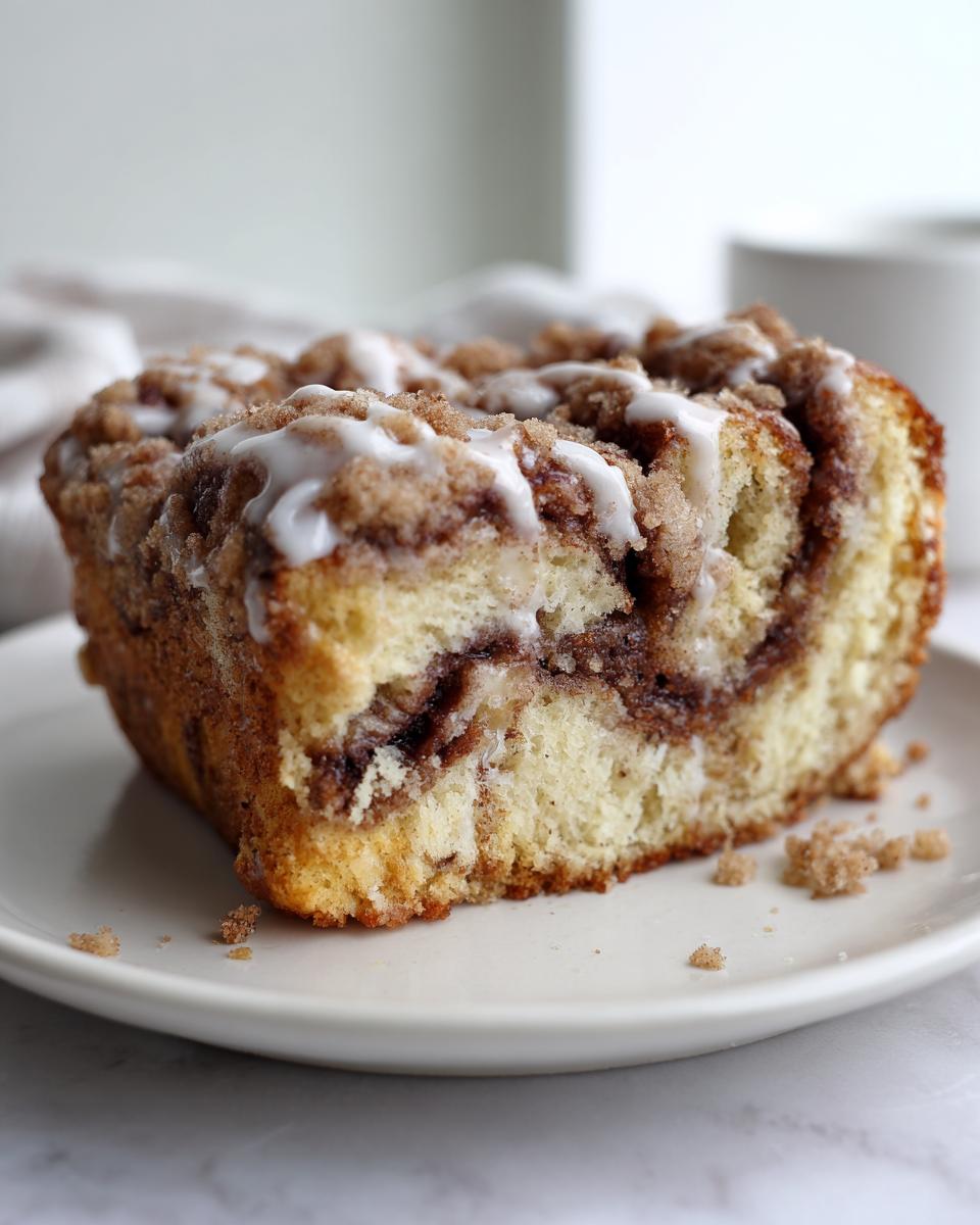 Close-up of a moist slice of cinnamon roll coffee cake featuring a swirl of cinnamon filling, crumb topping, and white glaze.