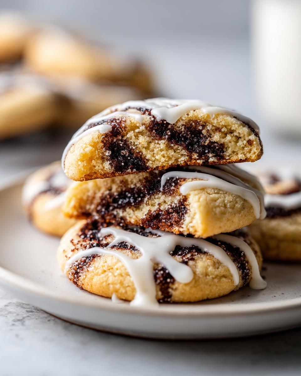 Close-up of stacked cinnamon roll cookies, one broken open to show the swirl filling and white glaze.