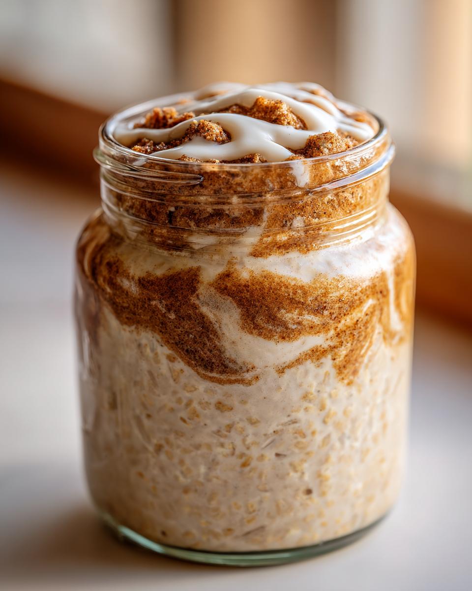 Close-up of cinnamon roll overnight oats layered with brown sugar swirl and topped with white icing in a glass jar.