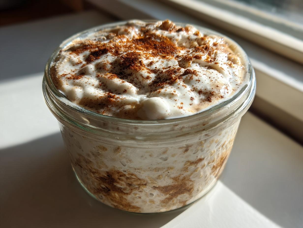 A glass jar filled with creamy cinnamon roll overnight oats, topped with yogurt and a dusting of cinnamon.