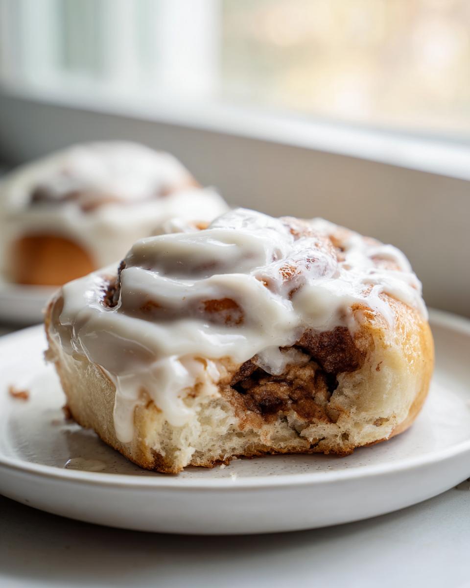 A close-up of a soft, glazed cinnamon sugar rolls with a bite taken out, revealing the gooey filling.