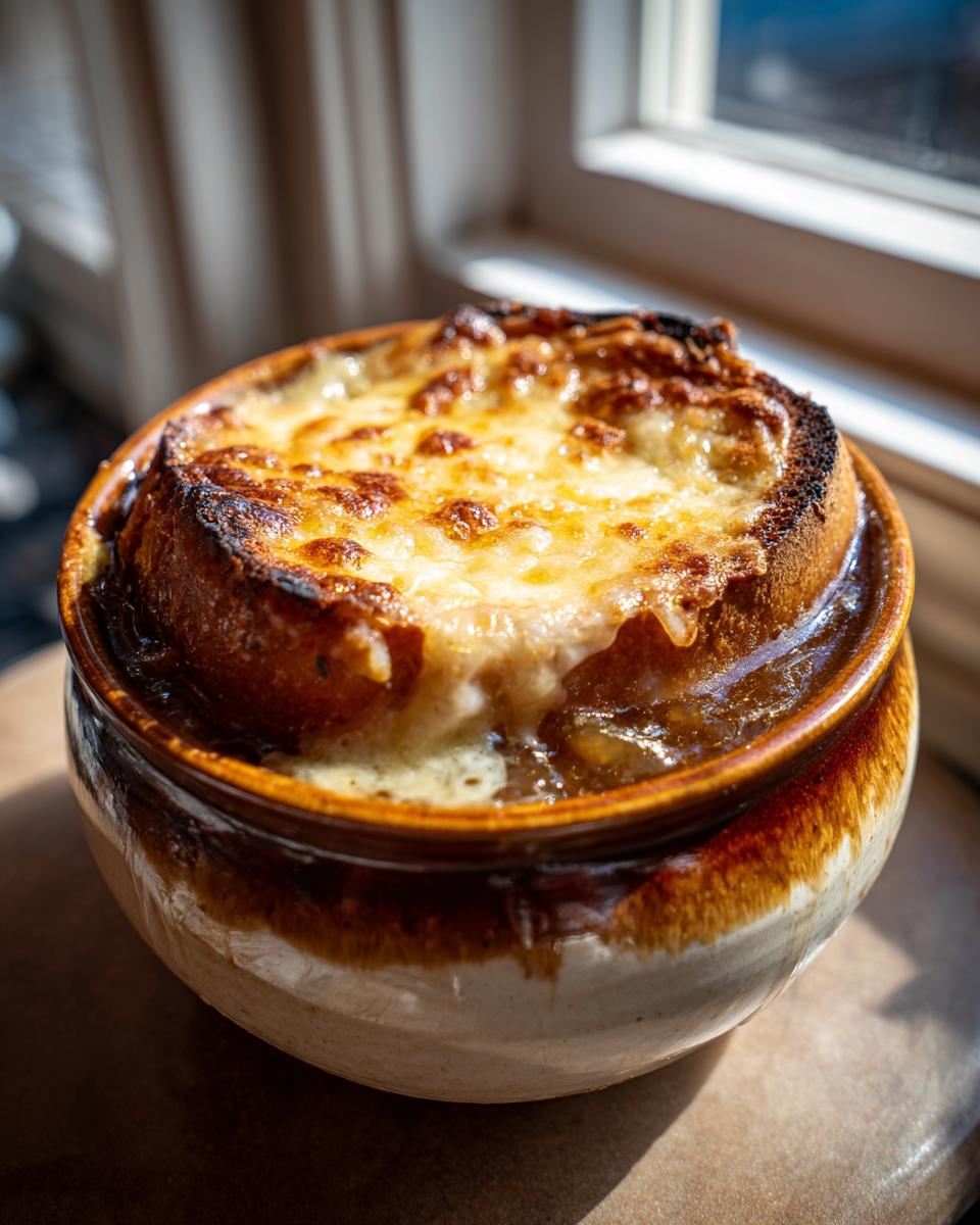 A steaming bowl of French onion soup topped with a thick layer of broiled, melted cheese and crouton.