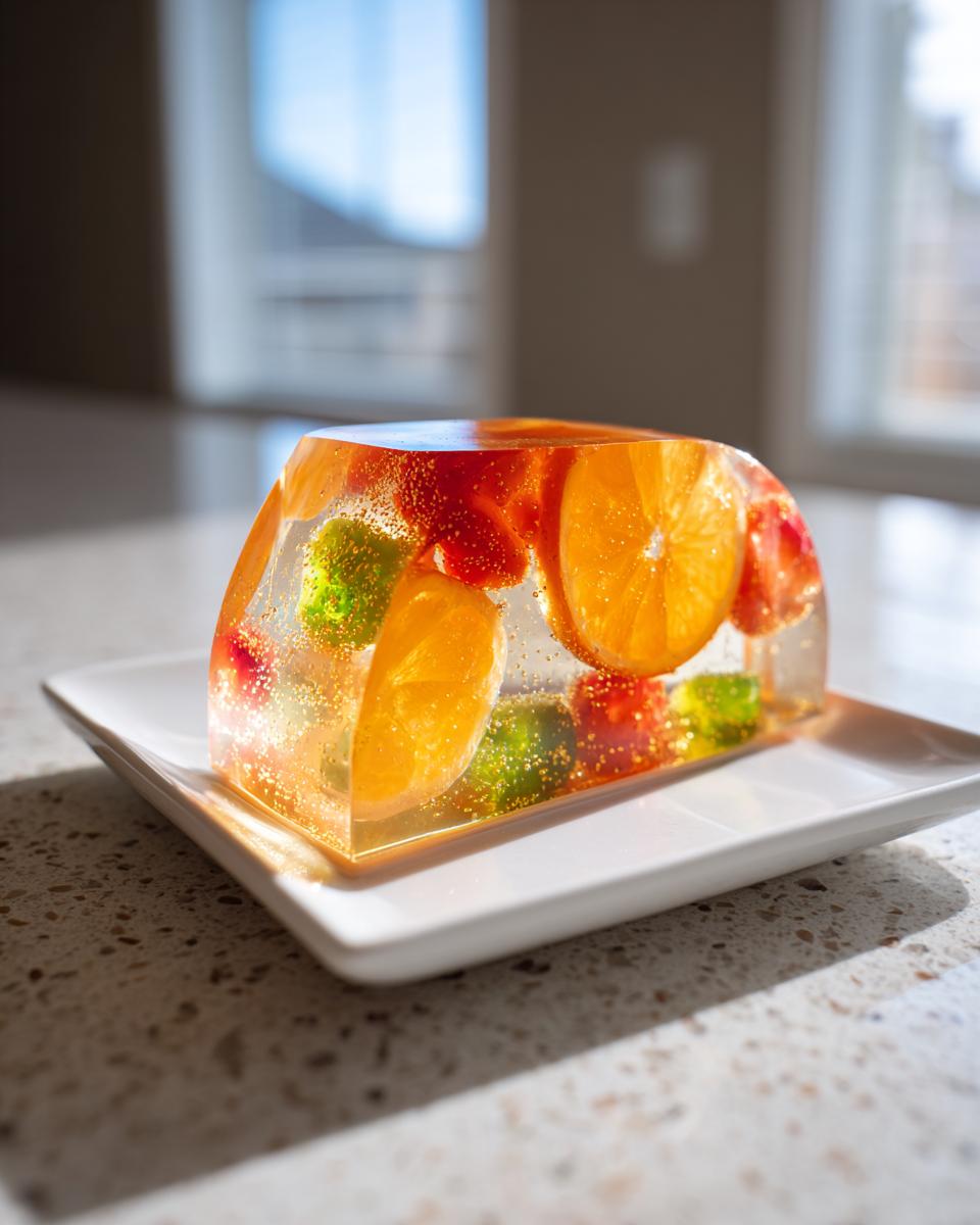 A clear, shimmering block of Agar Agar Fruit Jelly filled with orange slices and berries, sitting on a white plate.