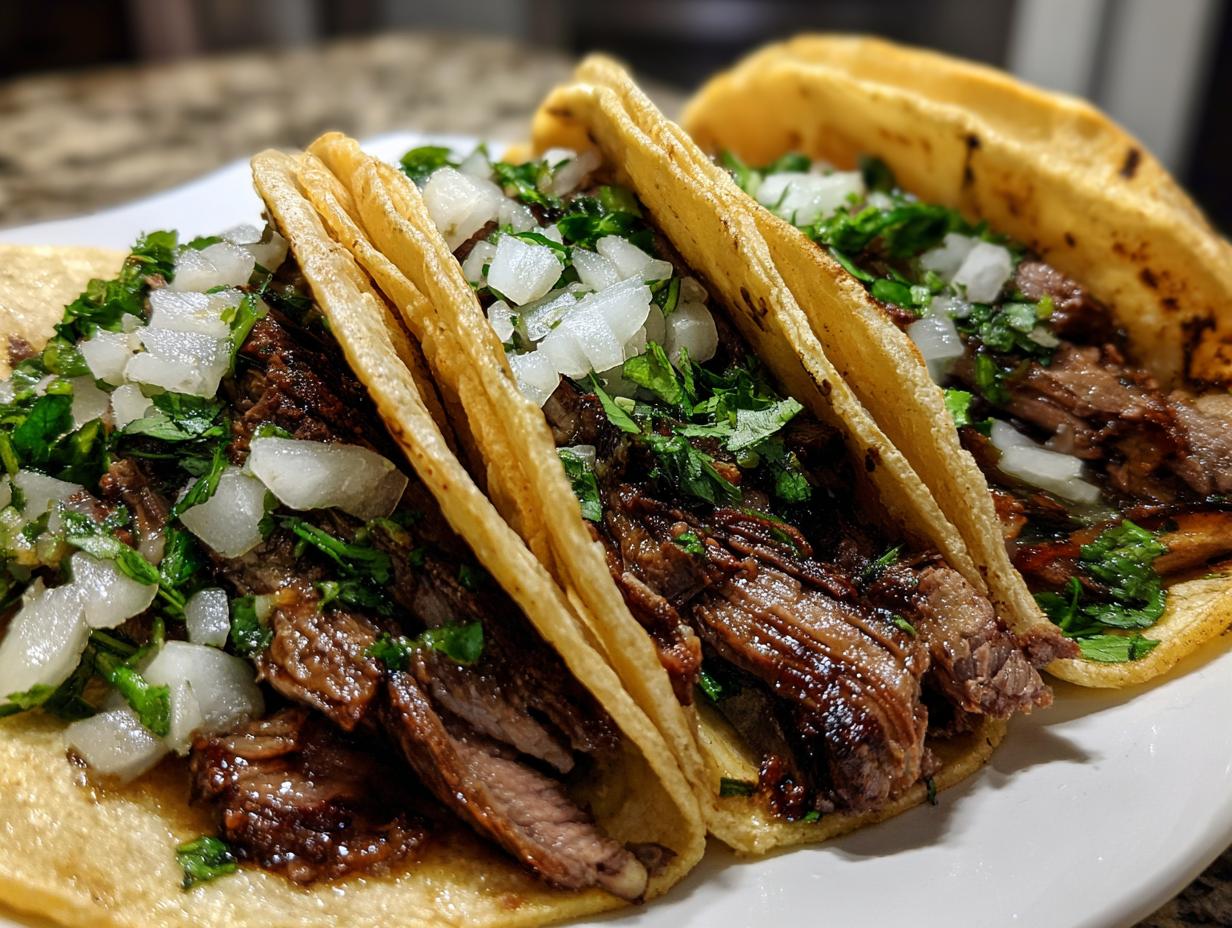 Close-up of three delicious Carne Asada Tacos filled with grilled steak, topped with diced white onion and fresh cilantro.