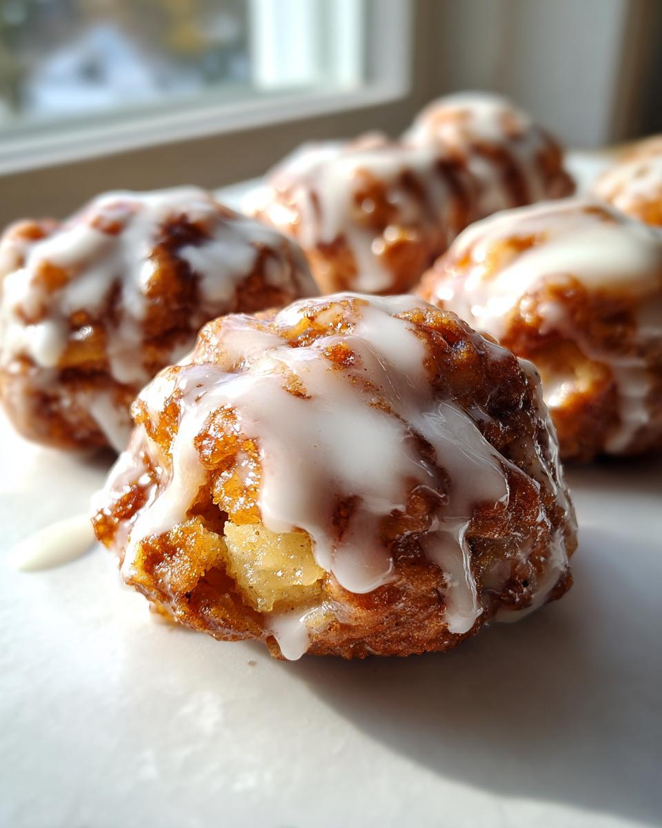 Close-up of a freshly glazed apple fritter bite showing a soft, chunky apple filling inside.