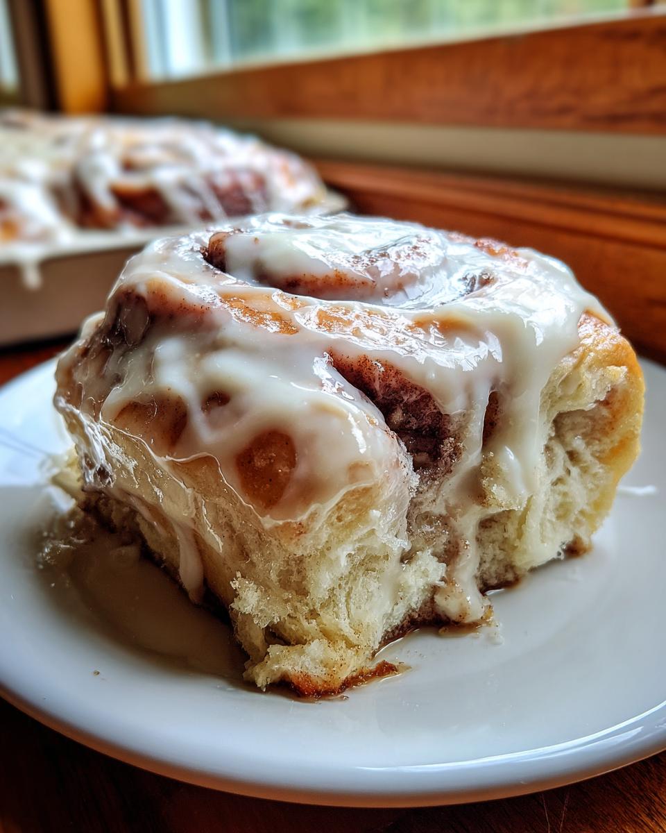 A soft, freshly baked cinnamon sugar rolls slice generously covered in white icing, sitting on a white plate.