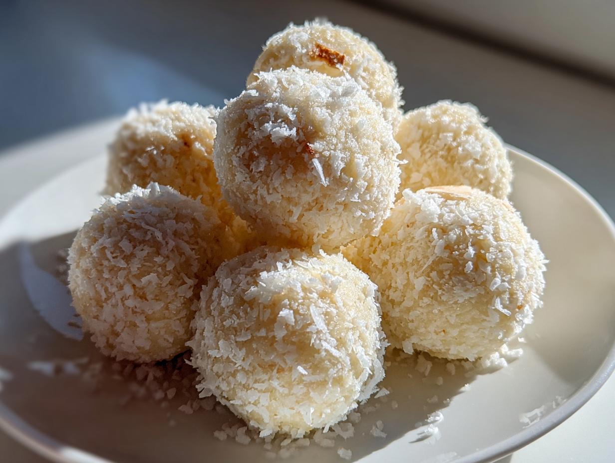 A stack of delicious, round margarita balls generously coated in shredded coconut, resting on a white plate.