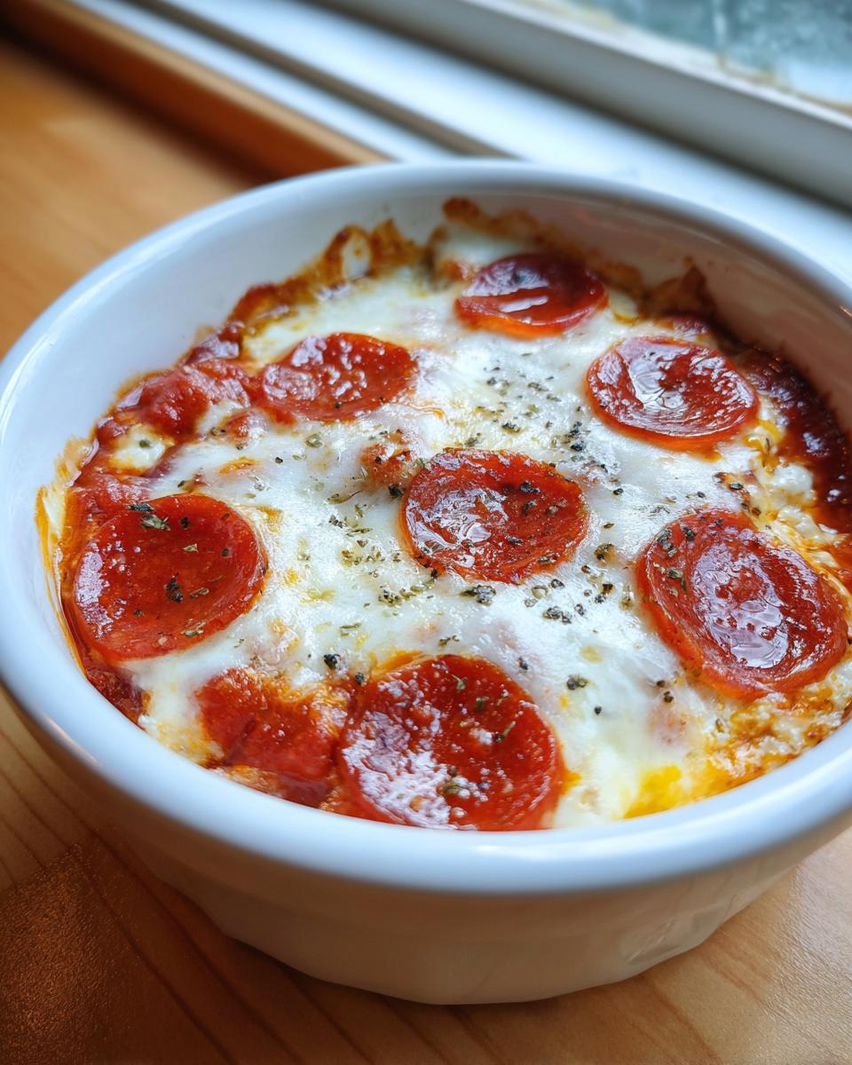 Close-up of a bubbling cottage cheese pizza bowl topped with melted cheese and pepperoni slices.