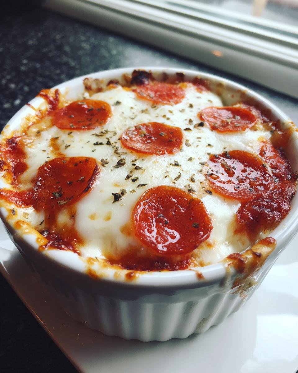 Close-up of a bubbling cottage cheese pizza bowl topped with melted mozzarella, pepperoni slices, and dried herbs.