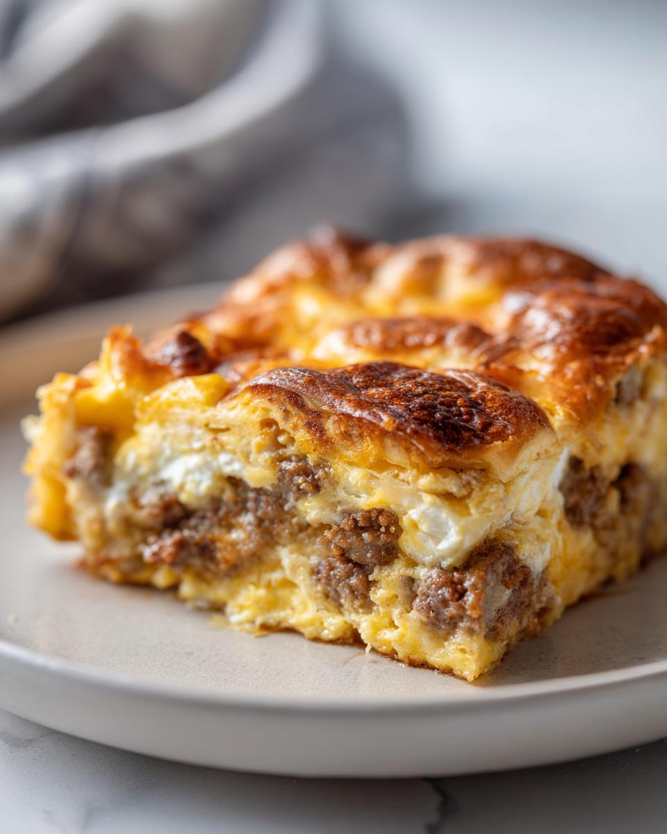 Close-up of a hearty slice of crack breakfast casserole showing layers of sausage, egg, and cheese.
