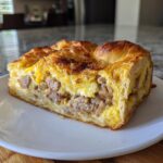 A thick, golden slice of crack breakfast casserole featuring layers of sausage and baked egg filling on a white plate.