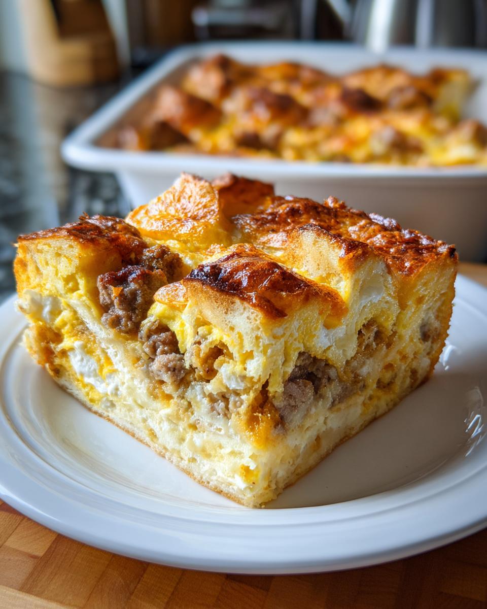 A square slice of golden brown crack breakfast casserole with sausage and egg layers on a white plate.