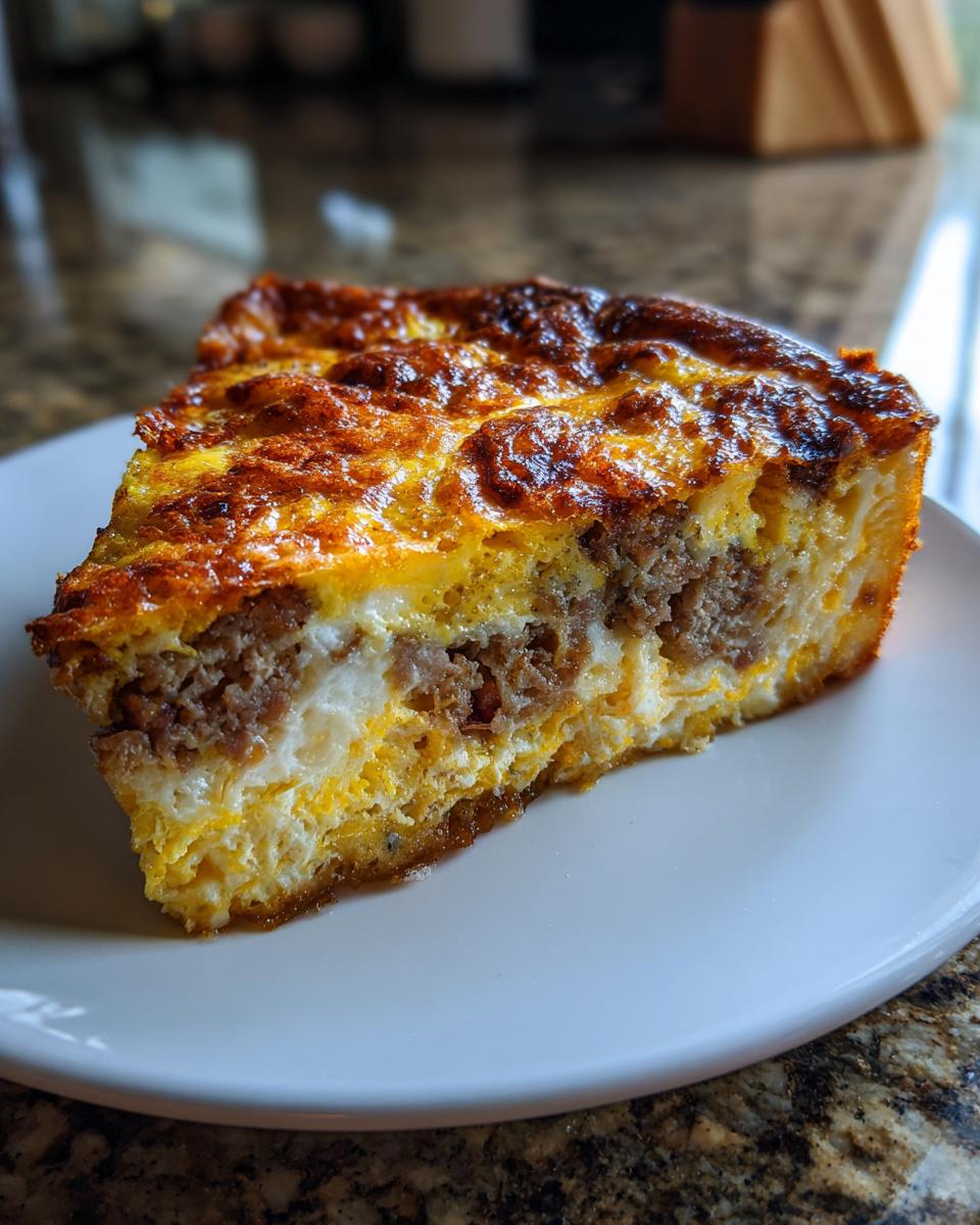 A thick slice of crack breakfast casserole showing layers of browned sausage, eggs, and cheese on a white plate.