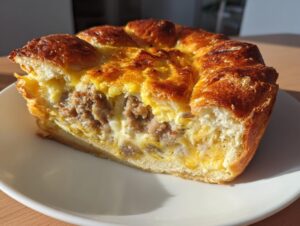 A close-up slice of crack breakfast casserole featuring a golden, crusty bread topping and a rich filling of eggs, cheese, and sausage.
