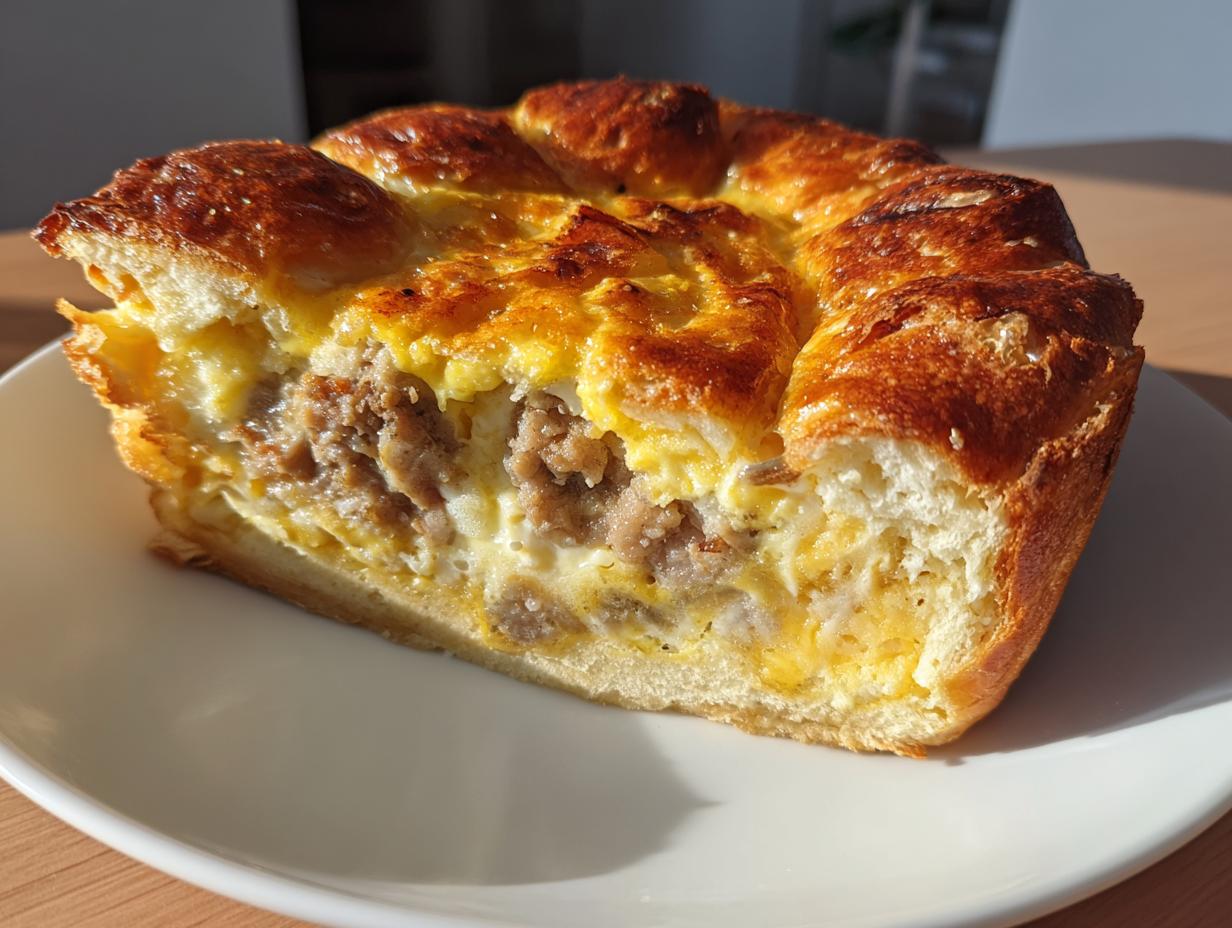 A close-up slice of crack breakfast casserole featuring a golden, crusty bread topping and a rich filling of eggs, cheese, and sausage.