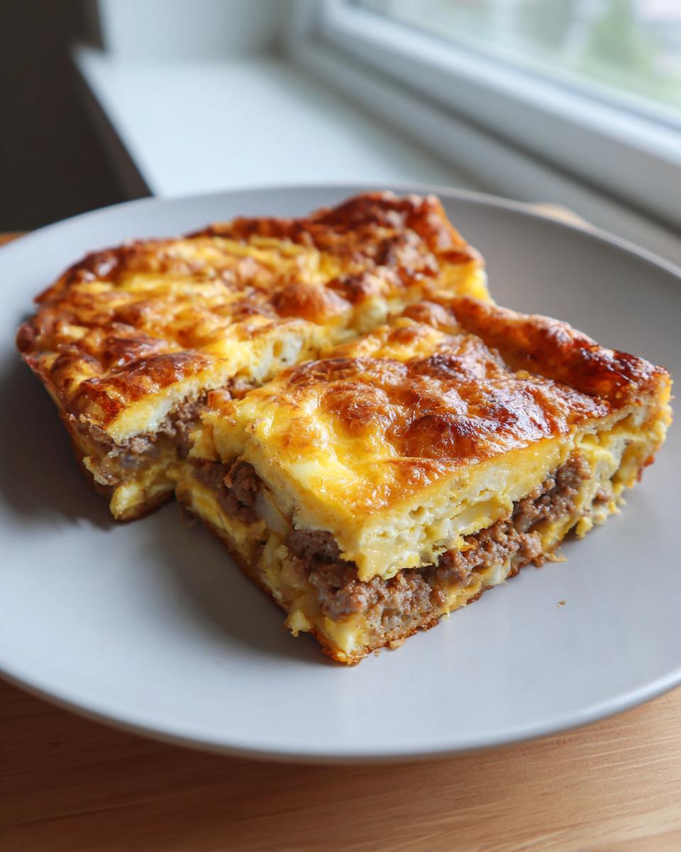 Two generous slices of crack breakfast casserole with golden baked cheese topping and savory sausage filling on a grey plate.