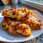 Close-up of three golden brown crack chicken tenders topped with melted cheese and crispy bacon bits on a white plate.