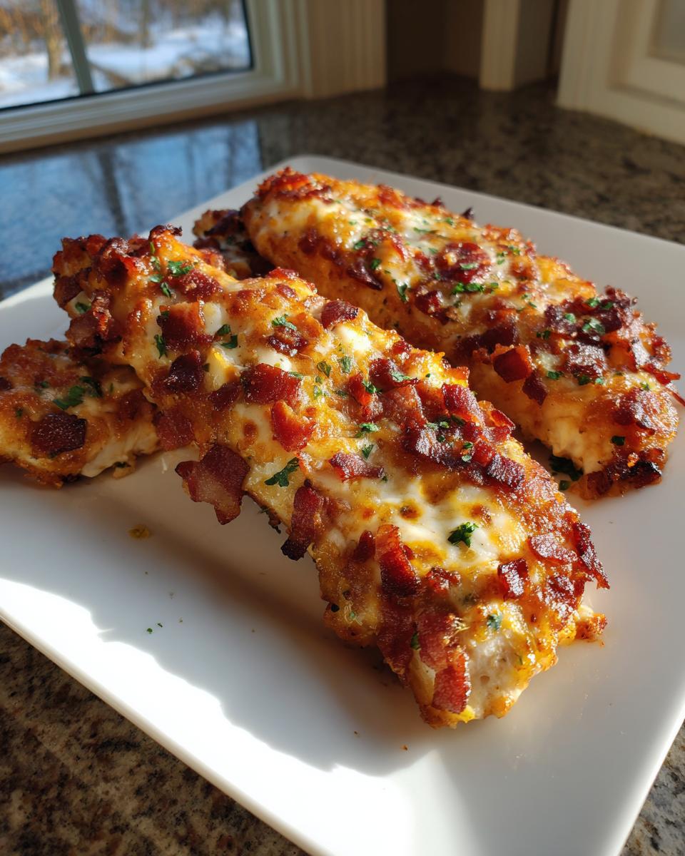 Three golden-brown crack chicken tenders topped generously with melted cheese and crispy bacon bits, served on a white plate.
