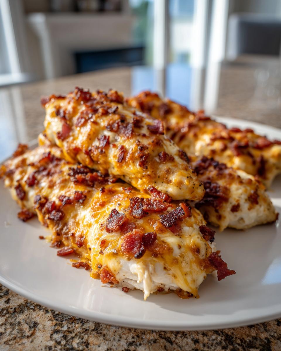 Close-up of baked crack chicken tenders topped with melted cheese and crispy bacon crumbles on a white plate.