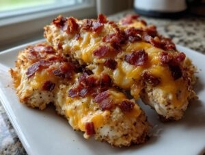 Close-up of baked crack chicken tenders topped with melted cheddar cheese and crispy bacon bits.