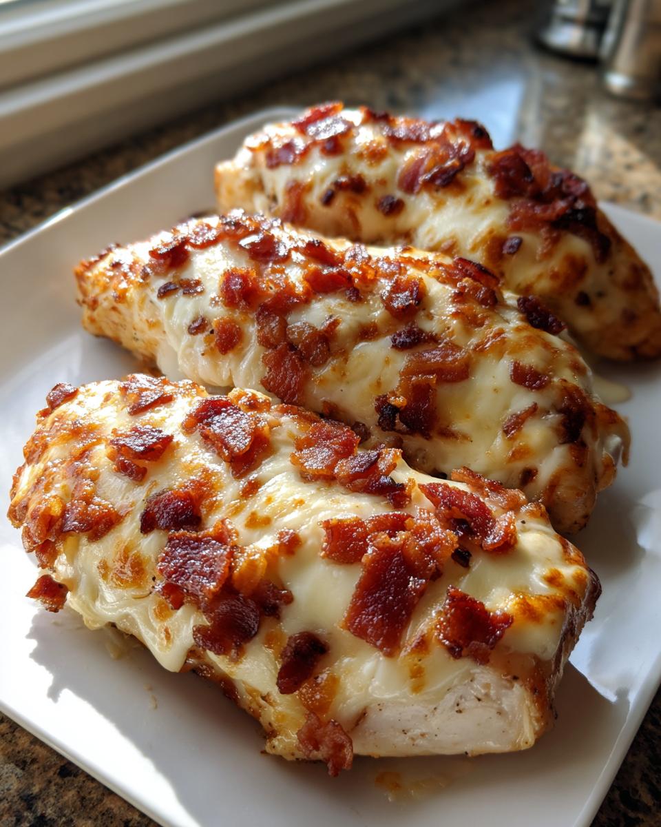Three baked crack chicken tenders topped with melted white cheese and crispy bacon bits served on a white plate.