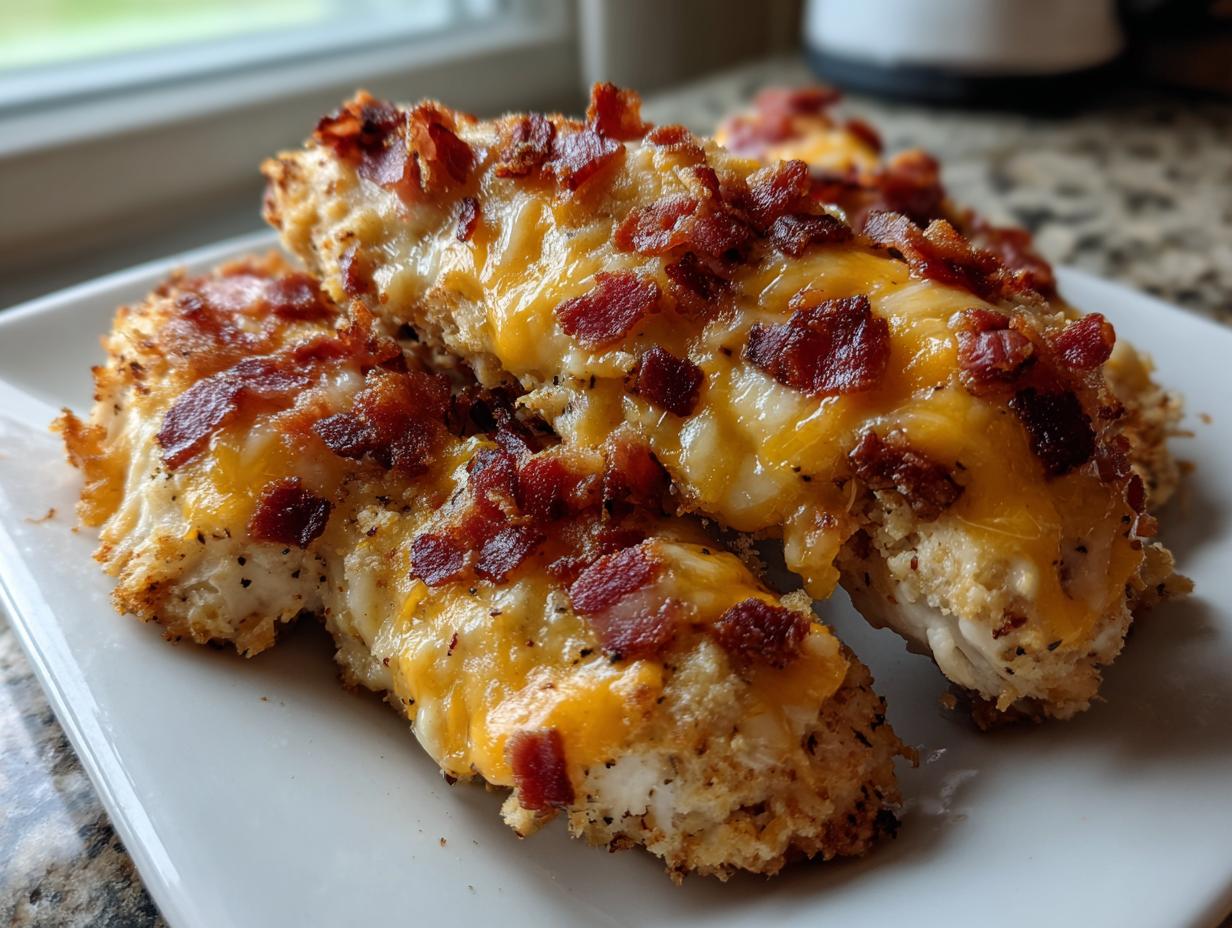 Close-up of baked crack chicken tenders topped with melted cheddar cheese and crispy bacon bits.