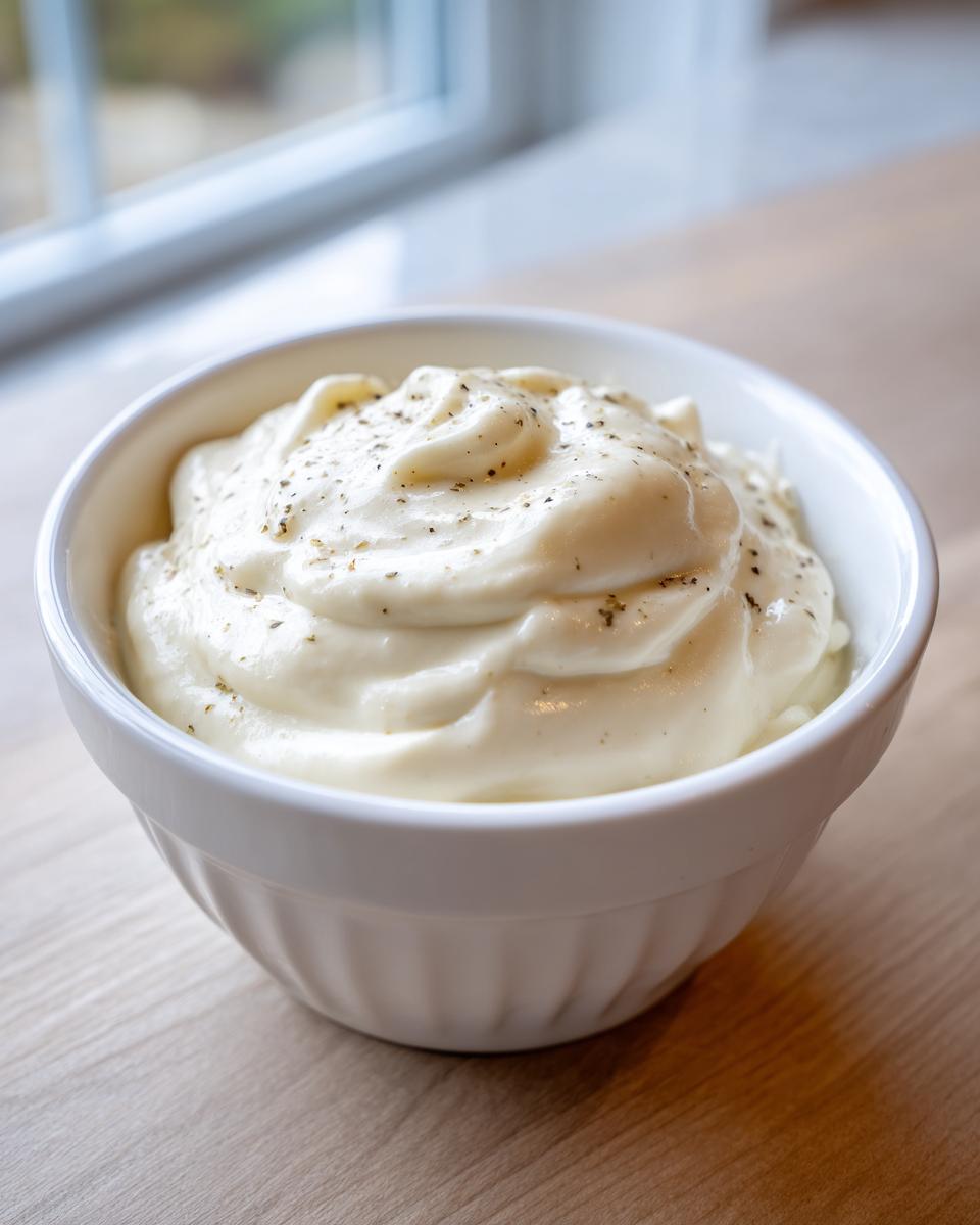 A close-up of thick, creamy alfredo sauce generously seasoned with pepper in a white bowl.